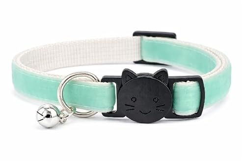 Velvet Cat Collars with Bell | Quick Safety Release Breakaway Buckle | Handmade in the UK | Available in Cat & Kitten Size | Mint Green Velvet