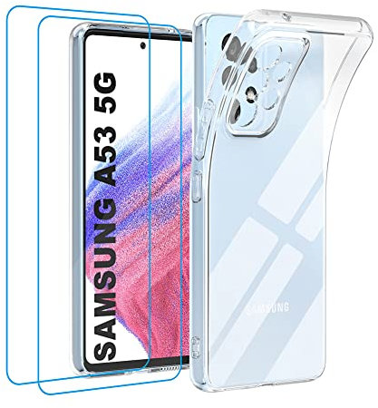 Garegce Coque Samsung Galaxy A53 5G + 2 x Verre Trempé Protection écran, Transparente Ultra Fine Coque Samsun A53, Silicone TPU Souple Housse Galaxy A53 5G 2022-6.5 Pouces - Transparente
