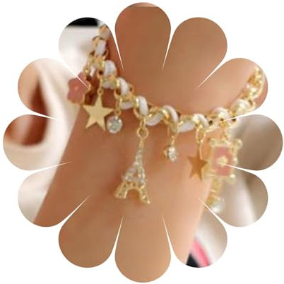 Aneneiceera Einfache Eiffelturm Gold Strass Armband Sterne Cz Handkette Boho Blumen Weiß Hanf Seil Armbänder Spielkarten Kristalle Handkette Schmuck Geschenke Für Frauen Teenager-Mädchen
