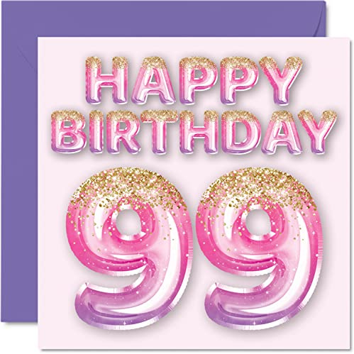 99th Birthday Card for Women, Pink & Purple Glitter Balloons | Happy Birthday Cards for 99 Year Old Woman Mum Great Nanny Grandma Gran, 145mm Bday Greeting Cards Gift