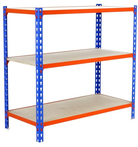 Simon Rack Metallregal 1000x1000x300 mm - Maderclick | 3 Höhen, Holzablage, Biegepunkt 150 kg, Korrosionsschutzlackierung, Klicksystem-Montage, Blau/Orange