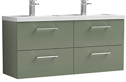 nuie ARN824C Arno Modern Bathroom Wall Hung 4 Drawer Double Vanity Unit with Twin Polymarble Basin, 1200mm, Satin Green