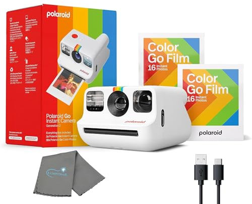 Polaroid Go, juego de iniciación de mini cámara instantánea, cámara instantánea blanca con paquete de 32 películas instantáneas Polaroid Go, con un paño de limpieza de lentes Lumintrail