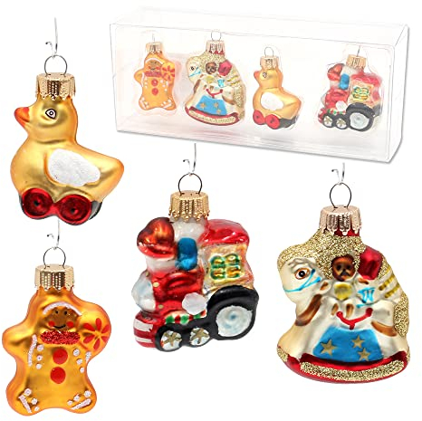 Lauschaer Christbaumschmuck - 4 teiliges Set - Spielzeugformen mit Lebkuchen, Lokomotive, Schaukelpferd und Entchen -, mundgeblasen und handdekoriert, ca. 4 cm, mit goldenem Krönchen