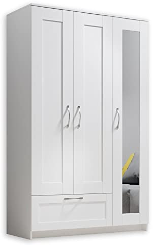 Stella Trading SALIAS Kleiderschrank mit Spiegeltür Weiß - Vielseitiger Drehtürenschrank 3-türig für Ihr Schlafzimmer - 117 x 190 x 50 cm (B/H/T)