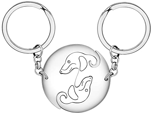 LONYOO Paare Hund Schlüsselanhänger Edelstahl Mops Dackel Geschenke für Frauen Mädchen Auto Schlüssel Handtasche Schmuck (Versilbert Dackel)