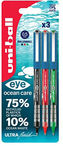 uni-ball Eye Ocean Care Rollerball Pens, 0.5mm, Black, Red, Green (3-Pack) | Smooth, Consistent Writing, Comfortable Grip, Fade & Water Resistant Ink, Ideal for School & Office Use