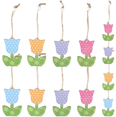 Angoily 12 Pcs Hanging Tulips Ornaments,Wood Tulips Spring Tree Decorations,Christmas Tree Pendant Mother Day Decor,Hanging Flowers Easter Decoration