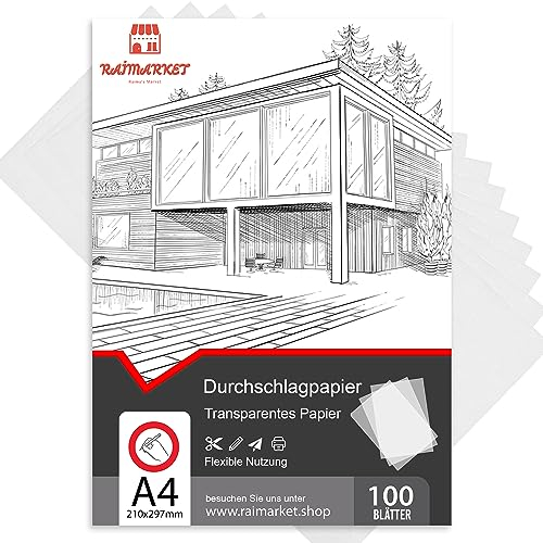 Raimarket Transparentpapier A4 (8x11) 100 Blätter Premium Pauspapier & Pergamentpapier - Ideal for Architekturskizzen, Modedesigns, Filigrane Kunstwerke, and Printing (60 g/m²)