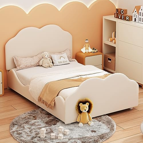 ZYLOYAL10 Polsterbett Kinderbett 90 x 200 cm hohes Geländer-Kinderbettgestell mit wolkenförmigem Kopf- und Fußteil. Einzelbett in hautfreundlichem Samt (Beige)