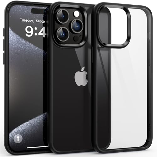 Supdeal Custodia Trasparente Antiurto per iPhone 15 Pro Max, [Non ingiallisce] [Protezione Militare da Caduta da 10FT] Posteriore Rigida Cover Case Quattro Airbag Angolari, 6,7 Pollici, Nero