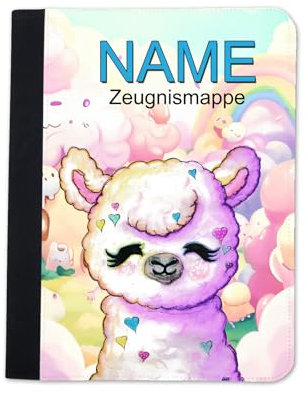Zeugnismappe mit Name | Zeugnismappe personalisiert | mit Klarsichthüllen A4+ | Urkundenmappe | personalisierte Dokumentenmappe mit Platz für U-Heft, Impfpass, Schwimmpass, Fahrradpass (Alpaka)