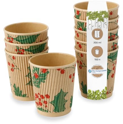 BIOZOYG 100 Stück braune Riffelbecher/Kaffeebecher Pappbecher Wintermotiv 'Zweige' 200ml / 8 oz - umweltfreundlich recycelbar & ungebleicht - Kaffeebecher to go