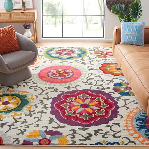 SAFAVIEH Boho Teppich für Wohnzimmer, Esszimmer, Schlafzimmer - Monaco Collection, Kurzer Flor, Elfenbein und Multi, 240 x 300 cm