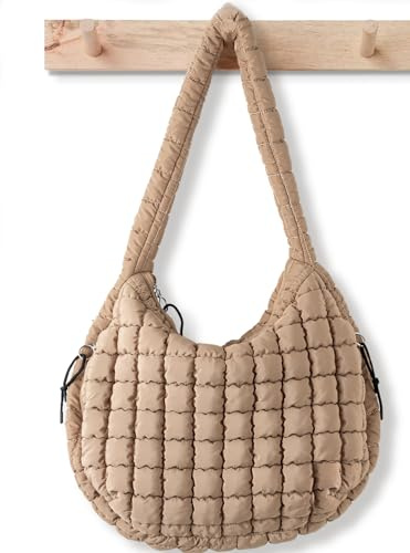 Gesteppte Tragetasche für Damen, Puffy Tragetasche, gesteppte Tasche, leicht, gesteppt, gepolstert, Schultertasche, Puffy Crossbody Bag, Khaki, Large