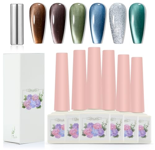 Adhere 12ml 6pcs Magnetic Cat Eye Gel Nail Polish Kit - Brown Green Blue White Gel para uñas Glitter Shining Nail Gel Polish Soak Off UV Magnetic Gel Nail Varnish