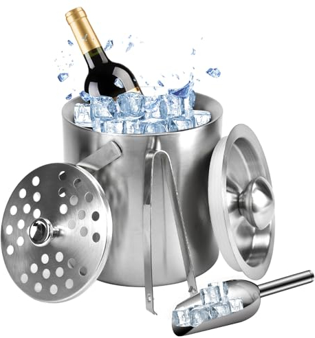 SLTAXAR 1.3L Seau a Glacon Avec Couvercle Inox Seau a Champagne Seau a Glace Seau a Glacon Isotherme Seau a Glace pour Bouteille Seau a Glace Inox Seau a Glace Isotherme avec 1 Clip, 1 Filtre