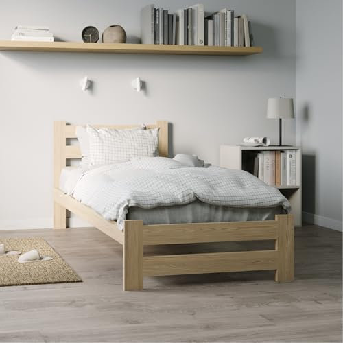 Holzbett 100x200 cm mit Lattenrost Modern Bett Bed Kiefer Massiv Bettgestell Einzelbett Massivholzbett Klassisch | Komfortabel & Langlebig | Skandinavisch Boho Landhaus Kopfteil hoch Natur