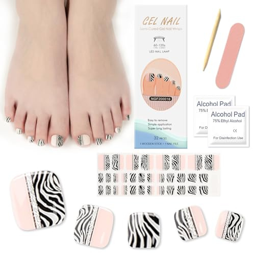 Ceboic 32 Stück Halb Ausgehärtete Fußnägel Nagelfolie, Pedi Wraps Gel Nagelfolien UV Härtend, Selbstklebend Fußnagel Sticker Pedi Wraps für Frauen Mädchen Maniküre in Salonqualität - Rosa Zebra
