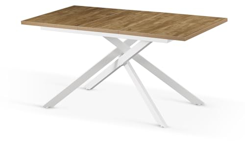 B&D home Esstisch BEA, ausziehbar 120-160 x 80 cm, 4-6 Personen Küchentisch Holztisch mit Kreuzgestell weiß für Küche, Esszimmer, Industrial modern Design, Wildeiche Optik, 11202-XW-EIWL-P