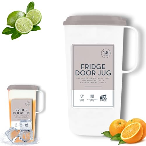 Krug für Kühlschranktür, 1800 l, 24 x 15,5 x 9 cm (L x B x T), durchscheinendes Weiß mit abnehmbarem natürlichem Deckel, inklusive Ausgießer und Messanleitung, BPA-freier Kunststoff,