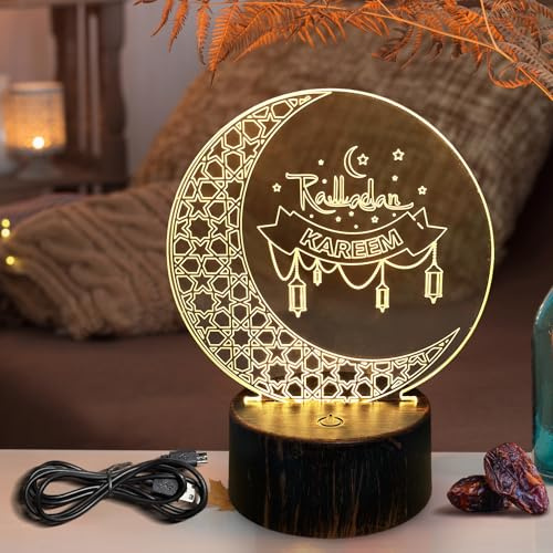 Bseical Ramadan Deko Licht, Eid Mubarak Dekoration, Islam Deko Tisch, Muslim Mondlampe, Ramadan Laterne Acryl 3d Led Halbmond Lampe, Ramadan Kareem Tischlampe Moon Stern Moschee Schloss Ornamente (A)