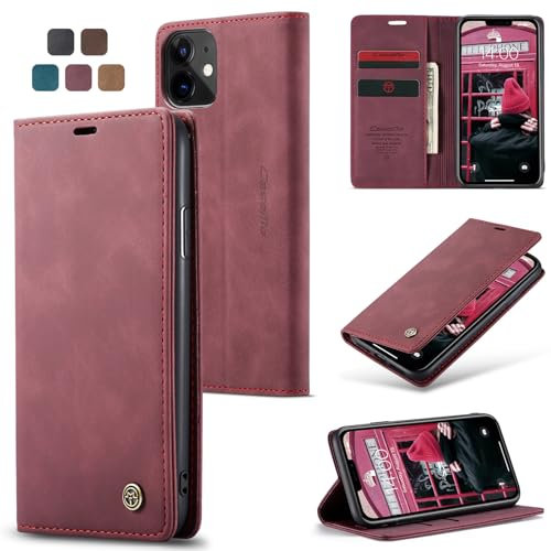 owlhold hülle iPhone 11 Klapphülle Premium Lederhülle Weiches Vintage-Nubukleder Faltbare Ständer Klapphülle Kartenfach stoßfest Schutzhülle Handyhülle für iPhone 11 - Weinrot