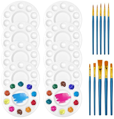 Bofanze 10 Pièce Palette de Peinture en Plastique d'art avec 10 Pièce Pinceau de Peinture, Palette de Peinture Ronde pour Enfant, Palette de Mélange pour Aquarelle, Gouache, Acrylique