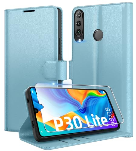 Eirltiy Coque pour Huawei P30 Lite + 1 Verre Trempé Protection écran,[Housse Premium en Cuir PU][Fentes pour Cartes][Pochette de Portefeuille],Etui à Rabat pour Huawei P30 Lite - Bleu