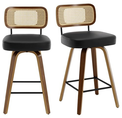Bekrvio 360°Drehbarer Barhocker 2er Set mit Rattan Lehne, 65cm Sitzhöhe 4 Beine, Kunstleder & Massivholz, Retro Tresenstuhl mit Rückenlehne für Kücheninsel & Theke