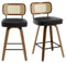 Bekrvio Lot de 2 tabourets de bar pivotants à 360° - Avec dossier en rotin - Hauteur d'assise : 65 cm - 4 pieds - Cuir synthétique et bois massif - Rétro - Avec dossier - Pour îlot de cuisine et