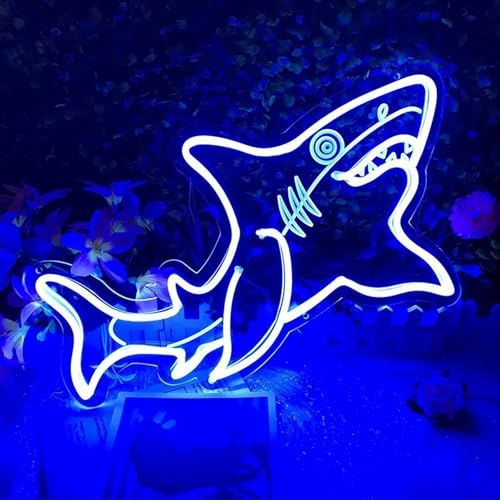 NEON LED Licht, dekorative Wand-Leuchte, Haifisch, Hai blau, ca. 43 x 25 x 2 cm, Deko-Licht, Wohnzimmer, Gaming-Zimmer, Nachtlicht für Schlafzimmer, Gamer Design-Lampe, USB-Betrieb