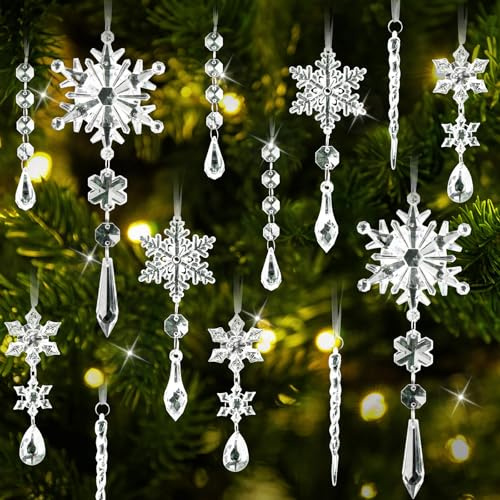 18 Stück Acryl Eiszapfen Schneeflocke Eistropfen Anhänger, Transparentes Weihnachtsbaum Deko, Weihnachtsbaumschmuck Kristall Schneeflocken Deko,Weihnachtsanhänger DIY Winter Dekoration
