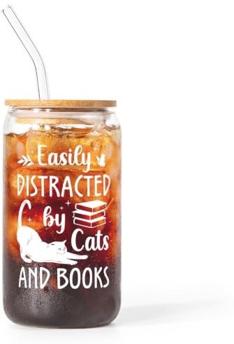 SteadStyle Book Cat Lovers Gifts - 16oz Glass Cups with Lid & Straw | Gifts for Readers, Bookworm, Cat Lovers - Cute Bookish Present, Coffee Tumbler - Reading Accessories & Book Club Gifts