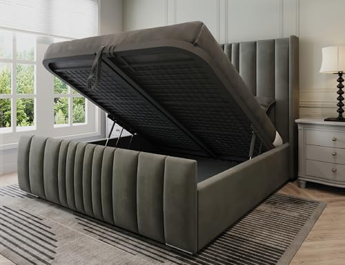 Furnishion Manhattan Double Bed with Storage and Mattress Included, Modern Velvet Ottoman Double Bed with Mattress and Storage, Luxury Frame with Mesh Metal, Gas Lift & Headboard in Grey Plush
