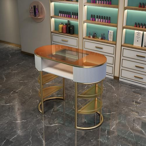 Escritorio de uñas - Mesa de manicura profesional con almacenamiento, parte superior de cristal, cajones multicapa, muebles de salón de spa, mesa de arte para oficina en casa, 80 cm, gris oscuro