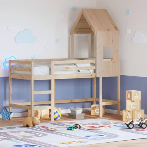 GeenYuu Hochbett mit Leiter und Dach 90x200 cm aus massivem Kiefernholz, unbehandelt, für Kinderzimmer, platzsparend, mit Absturzsicherung, robust