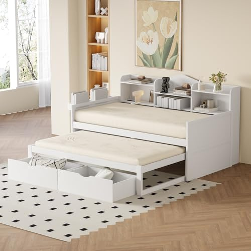 Qsddk Schlafsofa Einzelbett 90x200 cm mit Ausziehbett 90x190 cm, Jugendbett Tagesbett mit USB-Steckdose und Schubladen, Bett mit Stauraum, Bettgestell mit Lattenrost, Weiß, Ohne Matratze