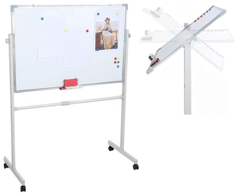 Whiteboard with Stand on Wheels, 90 x 60cm Mobile Whiteboard Height Adjustable, Portable Dry Wipe Board with Magnetic Surface, Includes 5 Markers, 12 Magnetic Dots & Eraser for Office Home Classroom