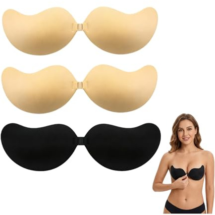 couduan 3Pcs Sticky Bra Push up,Stick on Bra Cups for Large Breasts | Sweatproof Reusable Silicone Adhesive Bra for Women. Invisible Backless & Strapless Push-up for Low-cut Dresses & Weddings