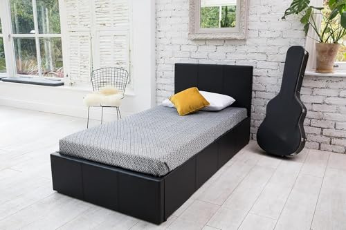 SANA SLEEP 3FT Single Size Modern Pia Ottoman Gas Lift Storage Faux Leather Bed with Mattress- Black