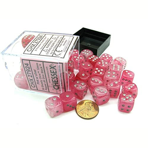 Chessex Signature 12mm d6 with pips Dice Blocks (36 Dice) - Ghostly Glow Pink/Silver