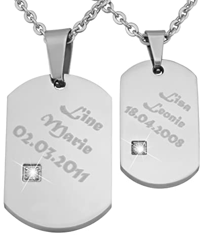 Hanessa 2 Stück Personalisierte Kette mit Gravur Edelstahl 50 cm mit Anhänger Dog Tag mit Strass-Stein in silber - Personalisierte Geschenke Damen Herren Freundin Freund - Partner Halskette Sie Ihn