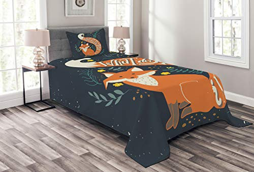 ABAKUHAUS Jahrgang Tagesdecke Set, Cartoon Fox Funny Animal, Set mit Kissenbezug Feste Farben, für Einzelbetten 170 x 220 cm, Schwarz Rot