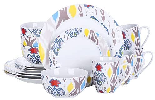 VEWEET Geschirrset 4 Personen, 16-tlg. Porzellan Tafelservice, Boho Kombiservice mit Speisetellern, Desserttellern, Müslischalen und Kaffeebechern, Spülmaschinen- & Mikrowellengeeignet, Serie BETULA