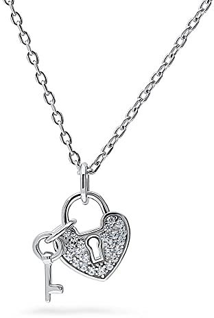BERRICLE Rhodium Plated Sterling Silver Cubic Zirconia CZ Key and Lock Heart Anniversary Wedding Pendant Necklace