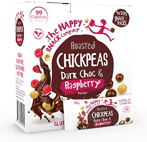 The Happy Snack Company Chocolate Chickpeas, Dark Chocolate & Raspberry Flavoured Tasty Snacks, 99 cals, Nut Free, Vegan, Gluten Free, 20g Portion, Pack of 20