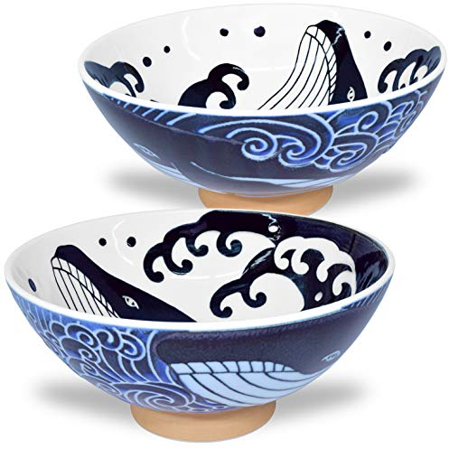 Mino Ware Japanese Rice Bowl, Rice Ramen Noodle Soup Sarada Pasta, Wave Whale Chawn, 5.7 inch 17.5oz Set of 2