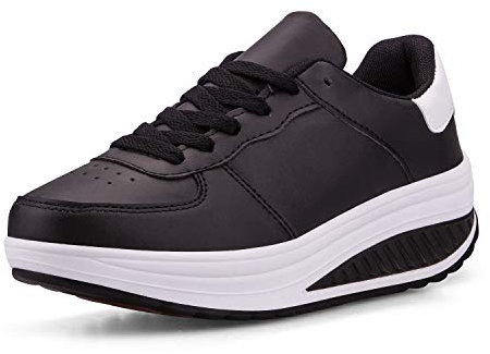 WYSFLY Zapatos de Plataforma de Cuero de imitación de tacón de cuña de Las Mujeres Zapatos de Plataforma de Cuero sintético Zapatos para Caminar con Suela Rocker Negro/Blanco 42 EU