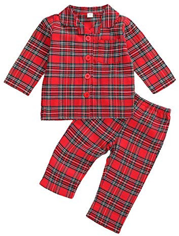 Ensemble de pyjama pour bébé fille garçon en coton flanelle à carreaux tenue décontractée haut à manches longues et bas de pyjama pour garçons - Rouge - 2-3 År